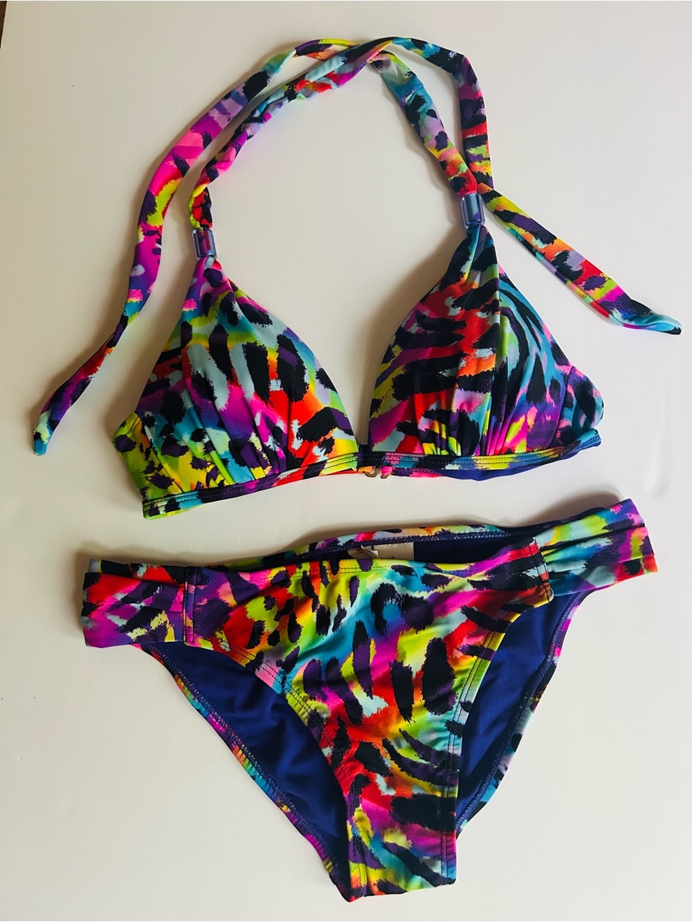 Neon Multicolor Animal-Print Halter Bikini Set